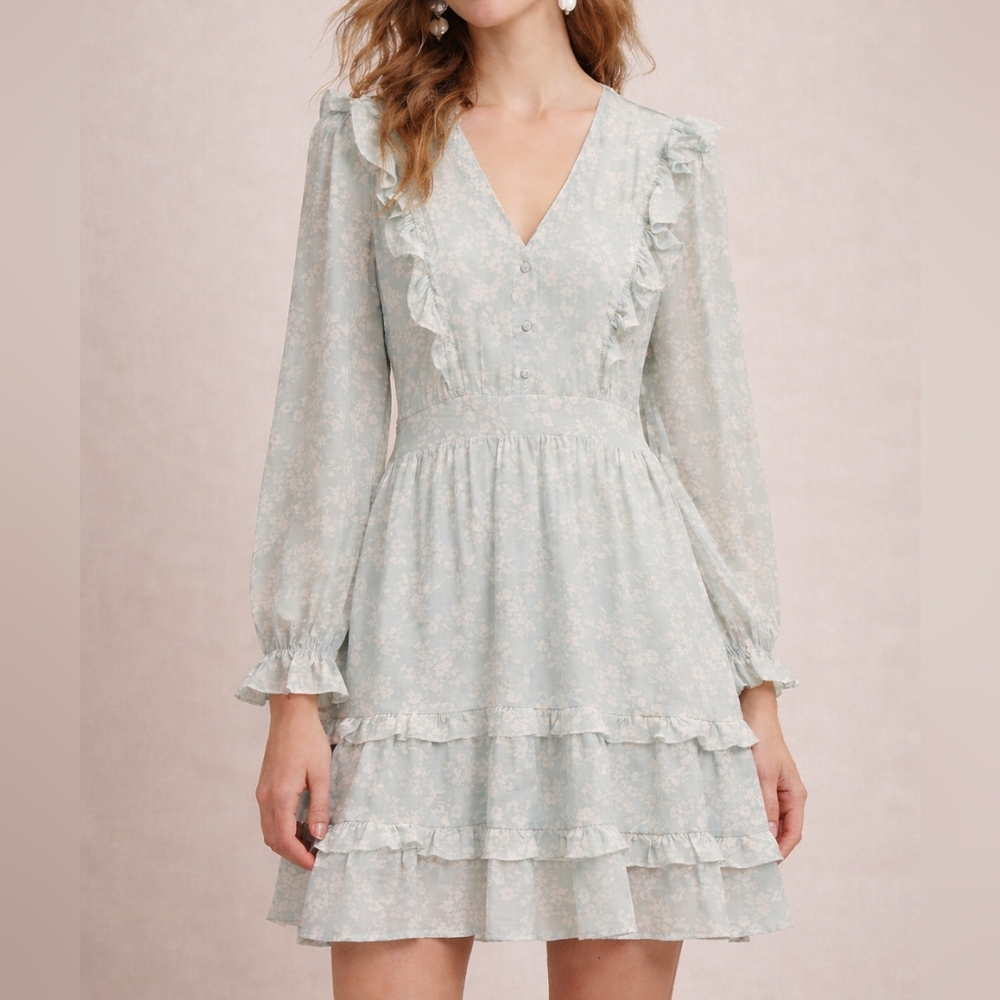 By The River Mint Floral Ruffle Dress Cottagecore Boho Sheer Mini S Spring